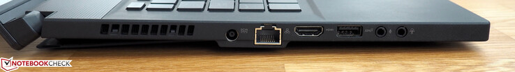 Lado izquierdo: rejilla de ventilación, conector de alimentación, RJ45 LAN, HDMI 2.0, USB 3.1 Gen2 Tipo A, toma de micrófono, toma de auriculares.