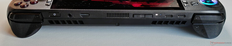 Parte superior: Botón de encendido (con lector de huellas dactilares), 3,5 mm estéreo, lector de tarjetas microSD, volumen, USB-C 3.2 Gen.2 (10 Gbps, DisplayPort 2.1, Power Delivery 3.0), USB-C 4.0 (40 Gbps, DisplayPort 2.1, Power Delivery 3.0)