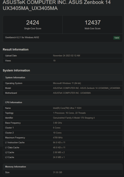 Puntuación de Intel Core Ultra 7 155H en Geekbench (imagen vía Geekbench)