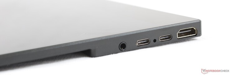 Izquierda: auriculares de 3,5 mm (sin micrófono), USB Tipo C (datos), USB Tipo C (entrada de alimentación), HDMI-in