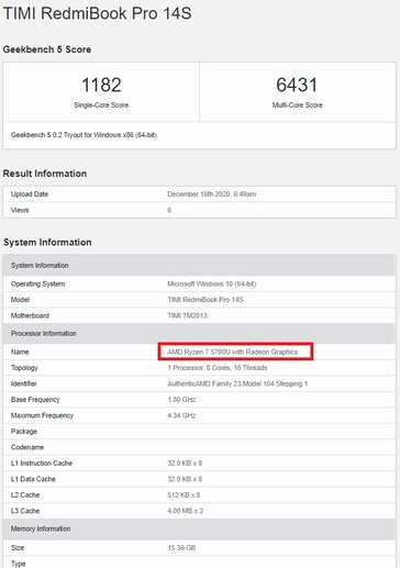 Resultados del RedmiBook. (Fuente de la imagen: Geekbench)