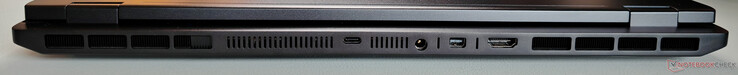 Trasera: USB-C 4.0 (40 GBit/s, DisplayPort 2.1 a través de iGPU, 140W Power Delivery), fuente de alimentación, Mini-DisplayPort 2.1 (a través de dGPU, DP40/UHBR10, VRR/G-Sync), HDMI 2.1 (a través de dGPU, 48 GBit/s, HDCP 2.3, VRR/G-Sync)