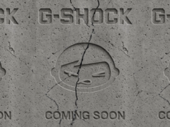 El clip teaser (en la imagen) muestra cemento agrietado con los logotipos de ambas marcas tallados en la superficie, seguido de las palabras &quot;Próximamente&quot; (Fuente de la imagen: G-Shock UK)