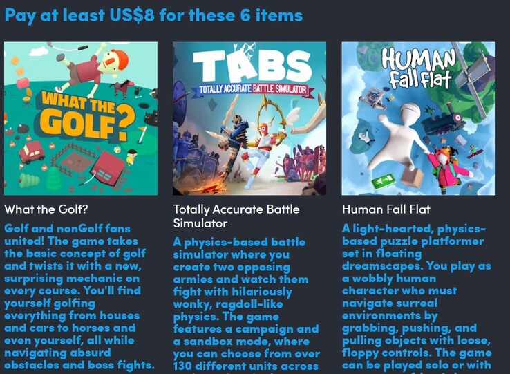Carteles y descripciones de los juegos. Pagando 8 dólares obtendrá 6 de los juegos (Fuente de la imagen: Humble Bundle)