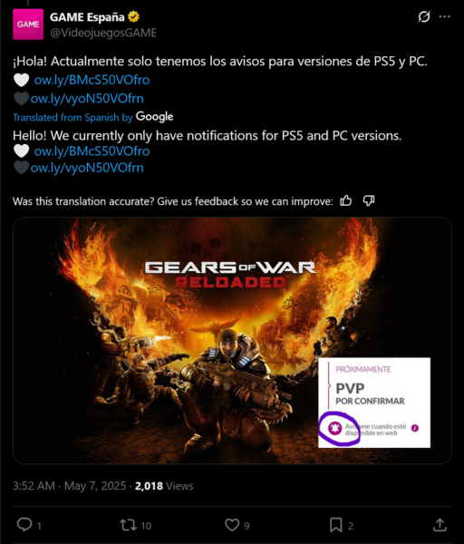 Game Espana Gears of War: Reloaded X post (Fuente de la imagen: captura de pantalla, cuenta de Game Espana X)
