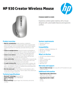 Ratón inalámbrico HP 930 Creator - Especificaciones. (Fuente: HP)