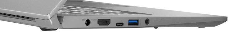 Lado izquierdo: Fuente de alimentación, HDMI, 1x Thunderbolt 4 (incluyendo Power Delivery y DisplayPort), 1x USB-A 3.2 Gen 1, conector de audio combinado