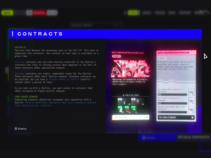 La pantalla de contratos del Maratón esboza la división entre trabajos prioritarios y estándar, destacando las recompensas por facción, las repeticiones y las ganancias de reputación compartidas por la tripulación.