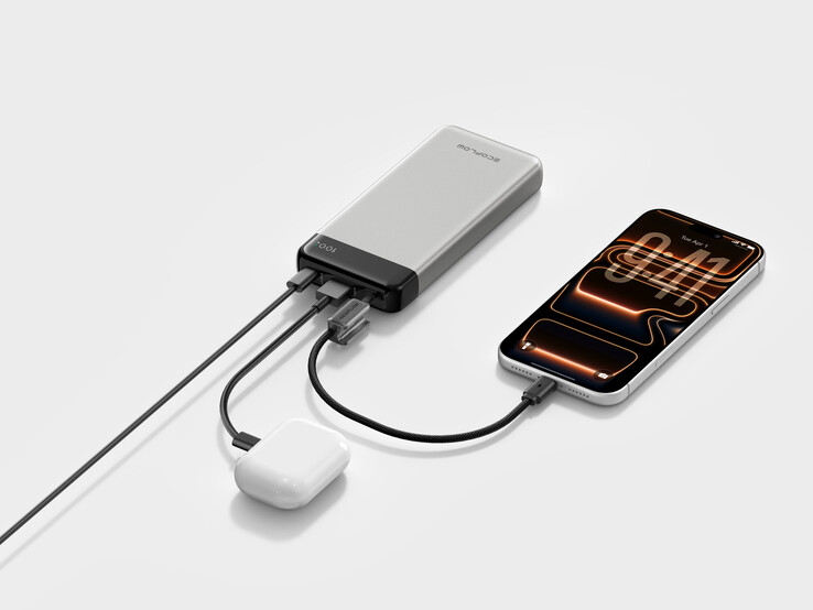 El banco de energía Rapid (20K, 45 W) tiene un cable USB-C integrado que también sirve como correa de transporte