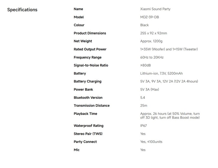 Especificaciones completas del Sound Party (Fuente de la imagen: Xiaomi)