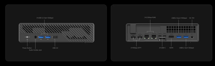 El Minisforum MS-A2 tiene un montón de puertos a su disposición en su parte delantera y trasera. (Fuente de la imagen: Minisforum)