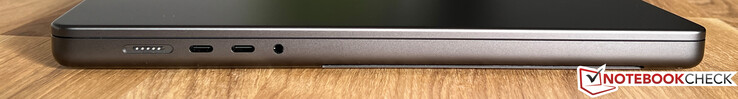 Lado izquierdo: MagSafe, 2x USB-C 4.0 con Thunderbolt 4 (40 Gbps, DisplayPort-ALT modo 1.4, Power Delivery), 3,5 mm estéreo