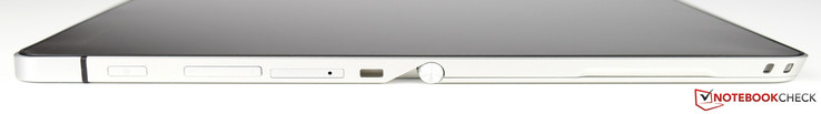 izquierda: encendido, volumen, ranura SIM, ranura de cable de bloqueo, hueco para stylus band (muy a la derecha)