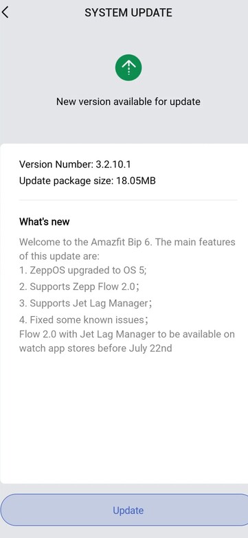 Las notas de la versión de software 3.2.10.1 para el smartwatch Amazfit Bip 6. (Fuente de la imagen: Amazfit)