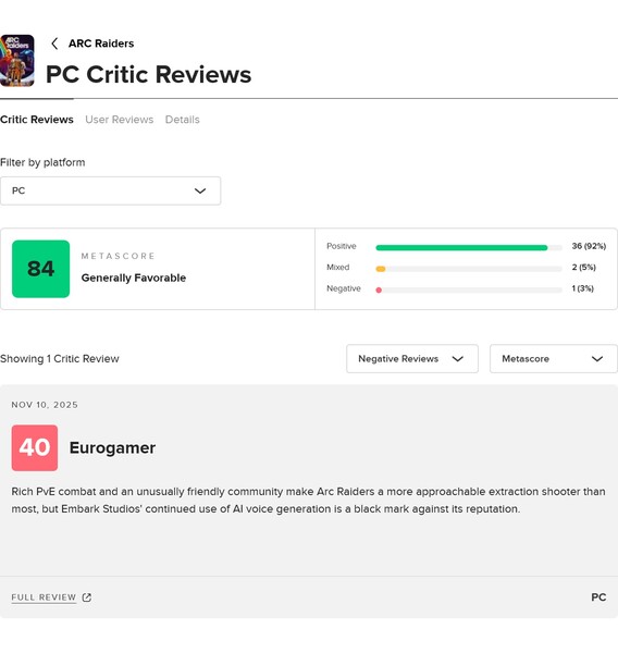 Puntuación media de las críticas de Arc Raiders en Metacritic (Fuente de la imagen: captura de pantalla, Metacritic)