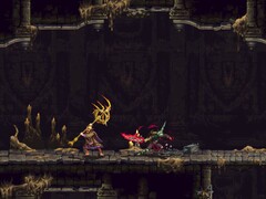 Una imagen en la que aparecen el Penitente y un enemigo en Blasphemous 2.