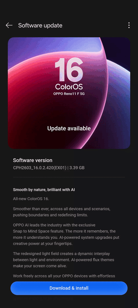 ColorOS 16 OTA en Reno 11 FS 