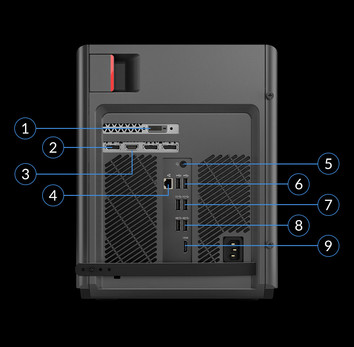 Detrás: DVI, DisplayPort, HDMI, salida de audio de 3,5 mm, RJ-45, 2x USB 2.0, 2x USB 3.1 Gen. 2, 2x USB 3.1 Gen. 1, cable de CA