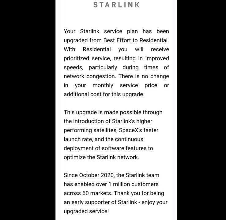 El correo electrónico de mejora de velocidad de Starlink Best Effort a Residential tier
