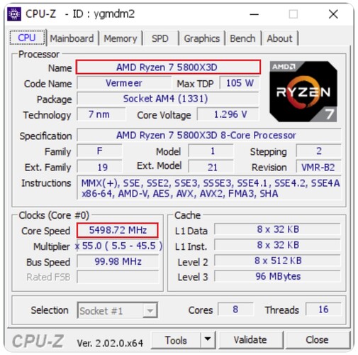 Ryzen 7 5800X3D desbloqueado. (Fuente de la imagen: CPU-Z Validator)