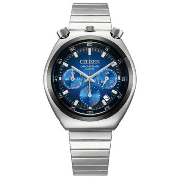Vista frontal del Citizen Tsuno Chronograph AN3714-68L, con una esfera con un vibrante degradado azul.