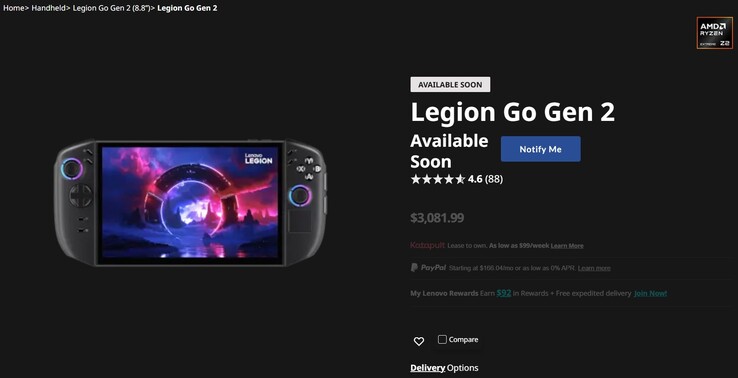 Página de Legion Go 2 en el sitio web de Lenovo.