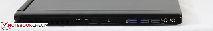 izquierda: bloqueo Kensington, Ethernet, lector SD, 3x USB 3.0, auriculares/SPDIF, micrófono