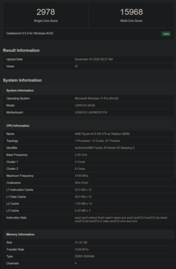 Listado de Geekbench de Ryzen AI 9 HX 470 (fuente de la imagen: Geekbench)