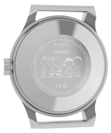 Parte trasera de la caja del Timex x Peanuts MK1 con Snoopy y otros personajes de Peanuts.