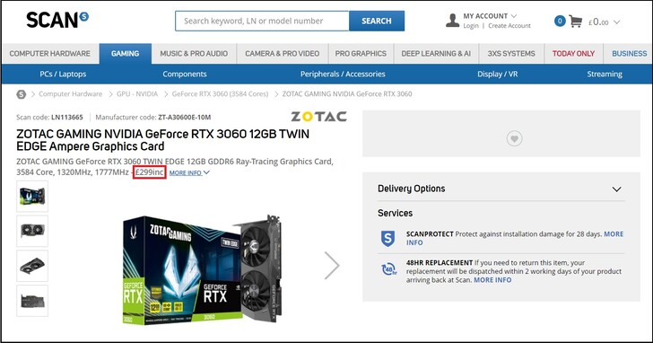 Tarjeta Zotac GeForce RTX 3060 a 299€. (Fuente de la imagen: Scan)