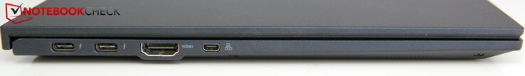 Lado izquierdo: dos puertos USB-C 3.2 Gen2 con Thunderbolt 4, puerto HDMI, puerto microHDMI (LAN mediante un adaptador de microHDMI a RJ45)