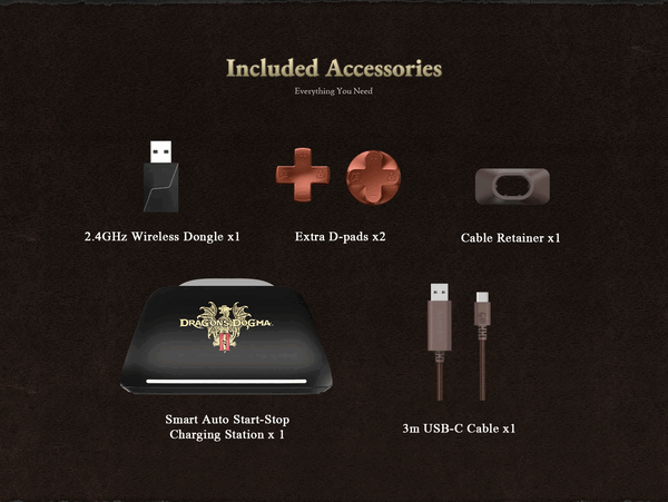 La GameSir G7 Pro Dragon's Dogma II Edition viene con un puñado de accesorios.