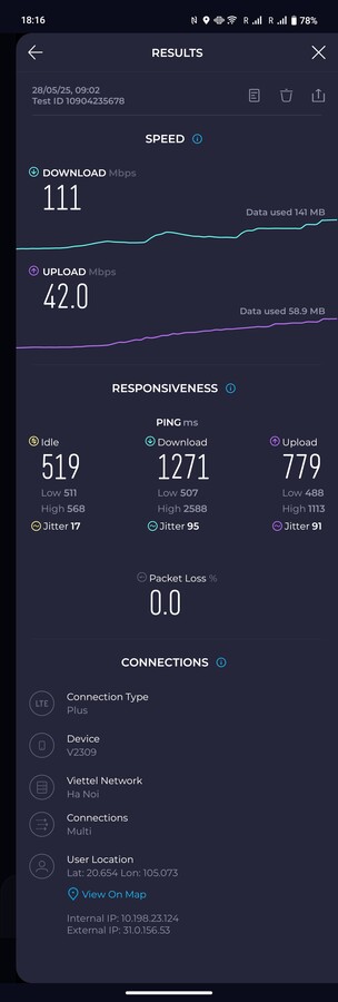 Recepción 4G respetable en la zona rural de Mai Chau, Vietnam.