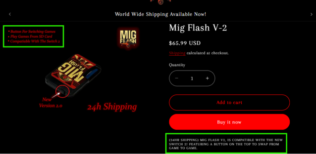 migflashunited.com afirma la compatibilidad con la Switch 2 en dos lugares diferentes de su página de producto, a pesar de que otros sitios no hacen tal afirmación (Fuente de la imagen: migflashunited.com)