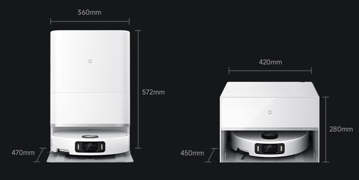 Las medidas del Xiaomi Mijia Robot Aspirador Mopa 5 Pro Water Tank Edition (izquierda) y Water and Drain Version (derecha). (Fuente de la imagen: Xiaomi)