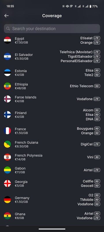 La lista de países no sólo muestra el precio de Ycoin por GB, sino también el proveedor de servicios local y el estándar de la red.