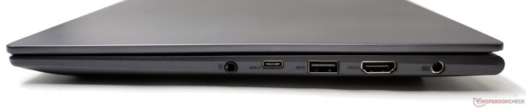 Derecha: toma de audio combinada de 3,5 mm, USB 3.2 Gen2 Tipo-C (Power Delivery/DisplayPort), USB 3.2 Gen1 Tipo-A, salida HDMI 2.1 TMDS, entrada de CC