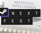 En la imagen, el logotipo de Steam Next Fest sobre una imagen con un mecanógrafo y el texto "Inteligencia Artificial" en el papel.