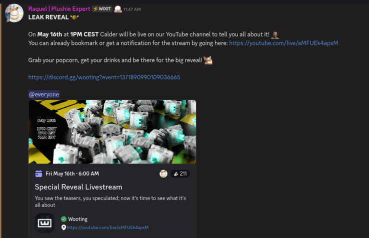 Anuncio de Wooting Discord para el lanzamiento del livestream del 16 de mayo