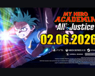 Key visual for My Hero Academia: All's Justice que muestra a Izuku Midoriya avanzando con efectos de energía brillante y la fecha de lanzamiento 02 de junio 2026. (Fuente: YouTube)