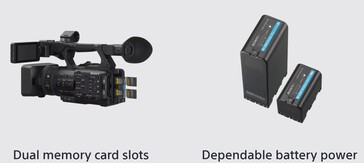 La HXR-NX800 y la PXW-Z200 pueden grabar en dos tarjetas de memoria CFexpress Tipo A o SD durante más de cuatro horas sin parar utilizando el pack de baterías opcional BP-U100 de 97 Wh. (Fuente de la imagen: Sony)