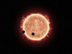 Una ilustración que muestra una estrella y dos planetas.