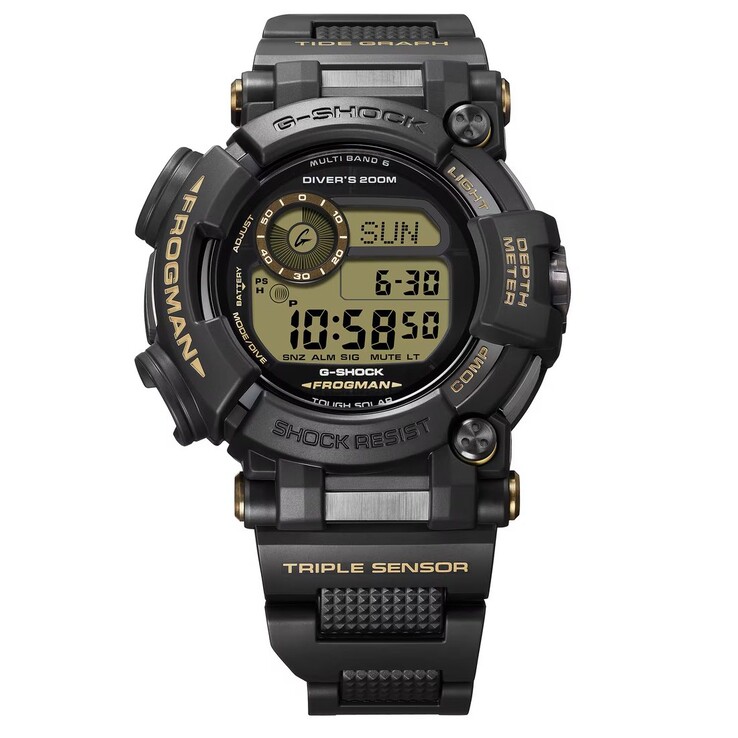 Casio G-Shock Frogman GWF-D1000BC-1JF con caja totalmente negra, detalles en color beige y una correa compuesta de metal y resina.