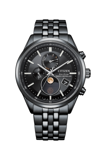 Reloj Citizen BY1035-56E Eco-Drive con fase lunar, con caja y brazalete de acero inoxidable totalmente negros, esfera negra, indicador analógico de la fase lunar, dos subesferas y ventana de fecha.