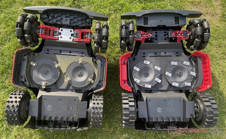 El Dreame A3 AWD Pro (izquierda) cuenta con una suspensión delantera más robusta, mientras que el Mova LiDAX Ultra AWD (derecha) tiene el doble de aspas.