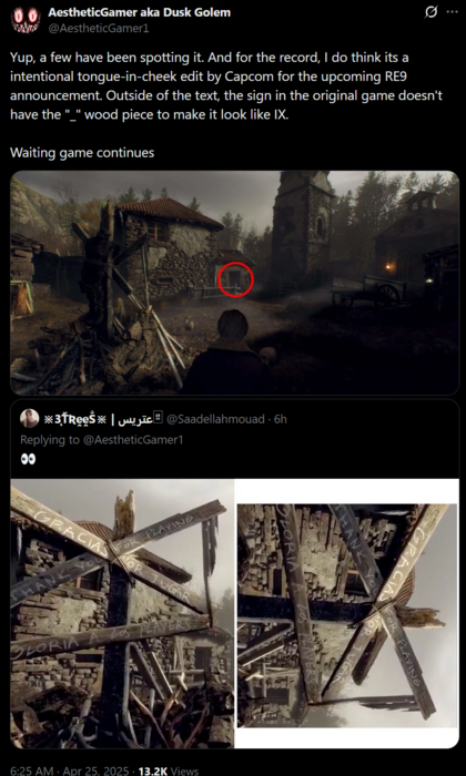 Comentarios del cartel de Dusk Golem Resident Evil 9 en X (Fuente de la imagen: AestheticGamer alias la cuenta de Dusk Golem X)