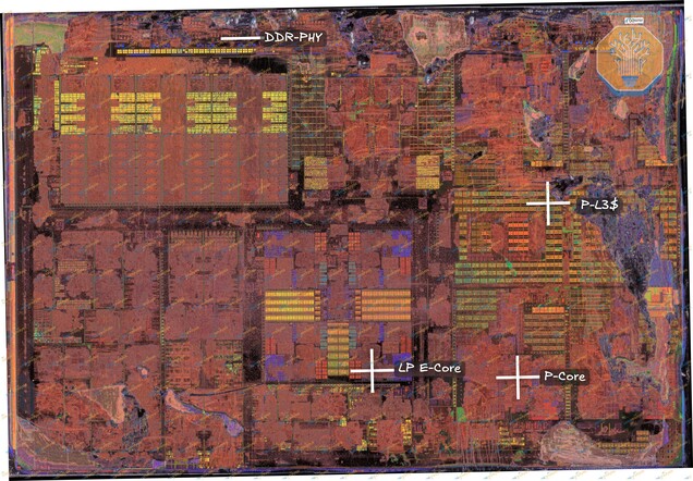 El módulo de cálculo 18A Panther Lake de Intel, con núcleos de CPU, caché e interfaces de memoria.