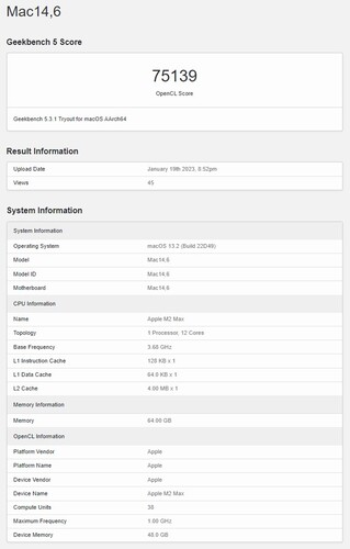 MacBook Pro 16 con M2 Max en Geekbench OpenCL. (Fuente: Geekbench)