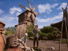 Una imagen en la que aparecen un agricultor y un molino en «Medieval Dynasty».