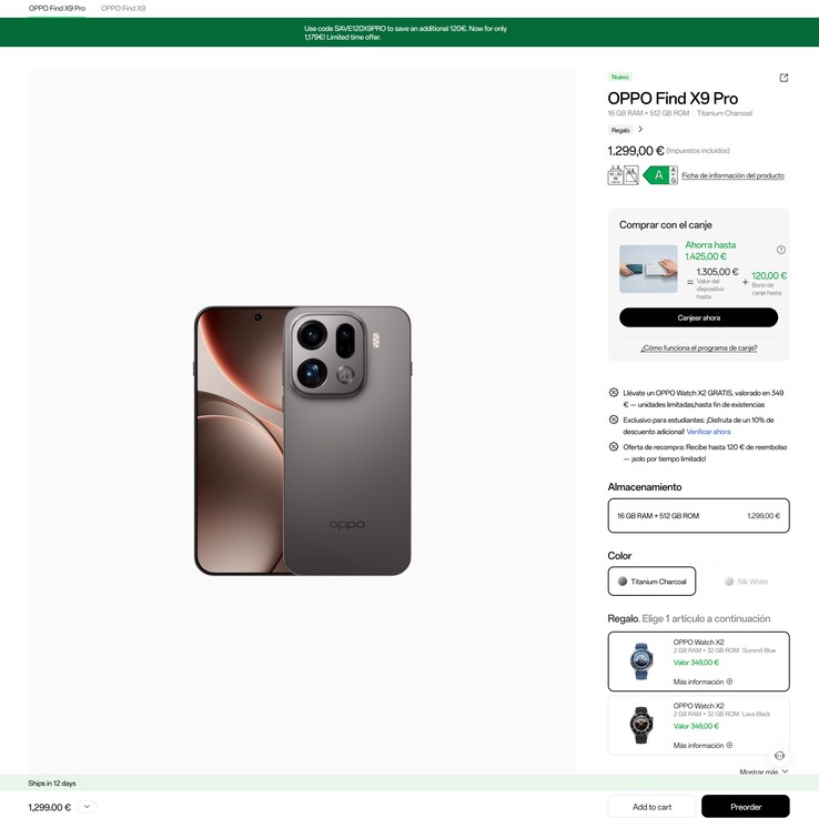 En España, los compradores obtendrán un descuento de 120 euros en el Oppo Find X9 Pro y un Oppo Watch X2 de regalo.